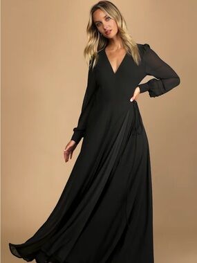 Lulu's Black V-Neck Sheer Sleeve Maxi Wrap Dress